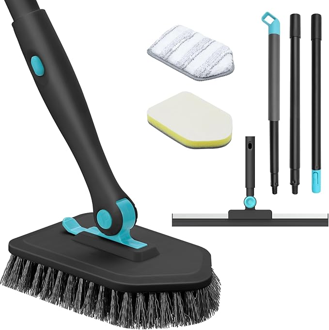 nacena Shower Scrubber with Long Handle, 4 in 1 Tile Tub Scrubber Brush with 3 Detachable Cleaning Shower Heads and Floor Squeegee Shower Cleaner Brush for Bathroom Kitchen Tub Sink Floor, Black