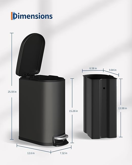 Garvee 2.6 gal / 10 L Metal Bathroom Trash Can with Lid, Slim Waterproof Garbage Can for Bedroom, Small Step-on Trash Bin with Inner Bucket, Rear Handle, Soft Close Lid, Black