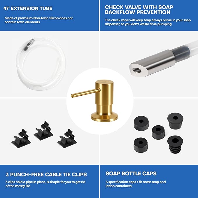 Brushed Gold Soap Dispenser for Kitchen Sink, Built in Soap Dispensers, Stainless Steel Sink Soap Dispenser or Lotion Dispenser Pump with 47" Extension Tube Kit, Upgraded Metal Check Valve