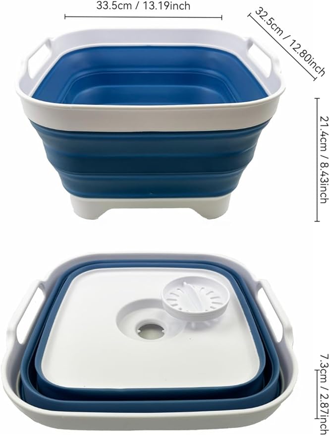 SAMMART 10L (2.64 Gallon) Collapsible Dishpan with Draining Plug - Foldable Washing Basin - Portable Dish Washing Tub - Space Saving Kitchen Storage Tray (White/Metalic Blue)