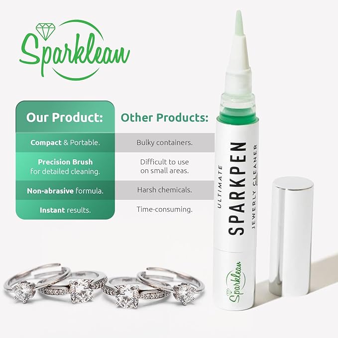 SPARKLEAN PREMIUM JEWELRY CLEANER PEN | Cleans Diamond Rings, Silver, Gold, and Metal | Includes a Brush and Specialized Jewelry Cleaning Solution | 400 Uses per Unit | 4 Milliliters