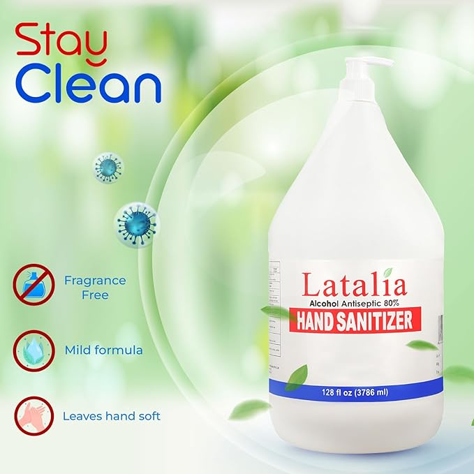 Latalia large Hand Sanitizer Pump 128 fl oz – 80% Alcohol Moisturizing Hand Sanitizer Refill Gallon for Home & Office, Unscented Clean Gel, Drying & Non-Sticky for Daily Hand Hygiene