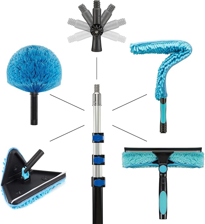 20 Foot High Ceilings Baseboard Wall Cleaner Mop with 12 Ft Extension Pole, Cobweb Duster, Window Cleaning Squeegee Kit (12ft)