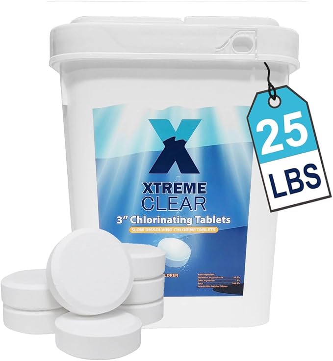 XtremeClear 25 Pound Bucket 3" Chlorine Tablets Bucket, 25 lbs Chlorinating Tabs for Swimming Pools Advanced Slow Dissolving