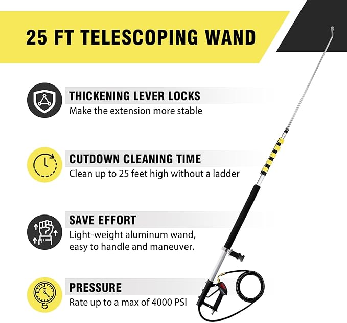 JANZ 25 FT Pressure Washer Telescoping Wand with Power Washer Extension Wands, Brush Head, Gutter Cleaner, 7 Spray Nozzle Tips, 2 Hose Adapters and Support Belt