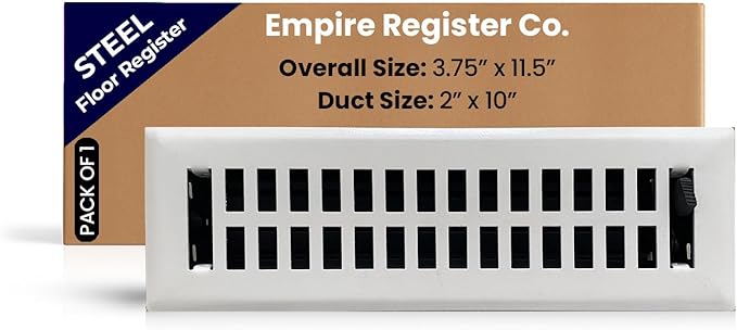 Empire Register Co, Premium Home Vent Covers - 2x10 inch, Modern Contemporary Design, White Finish, Heavy Duty Air Flow Direction Floor Registers, Metal Damper Attached