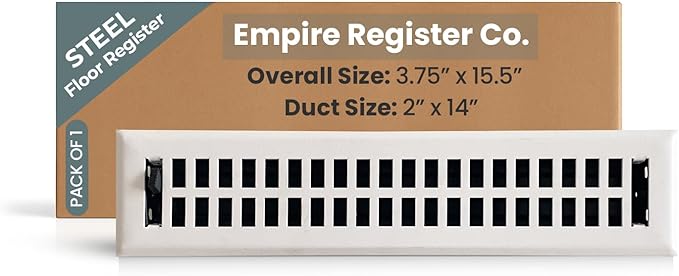 Empire Register Co, Premium Home Vent Covers - 2x14 inch, Modern Contemporary Design, White Finish, Heavy Duty Air Flow Direction Floor Registers, Metal Damper Attached