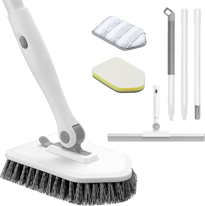 nacena Shower Scrubber with Long Handle, 4 in 1 Tile Tub Scrubber Brush with 3 Detachable Cleaning Shower Heads and Floor Squeegee Shower Cleaner Brush for Bathroom Kitchen Tub Sink Floor, Grey White