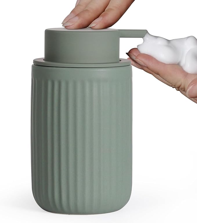 INGOFIN Foaming Soap Dispenser - 12oz Ceramic Foam Hand Soap Dispenser Bathroom, Modern Refillable Dish Dispenser with Pump for Kitchen, Matte Green