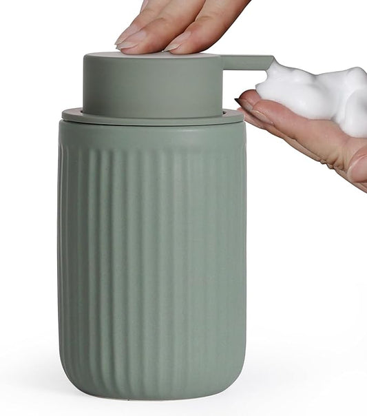 INGOFIN Foaming Soap Dispenser - 12oz Ceramic Foam Hand Soap Dispenser Bathroom, Modern Refillable Dish Dispenser with Pump for Kitchen, Matte Green