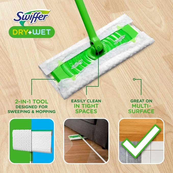 Sweeper 2 in 1 Dry + Wet Floor Cleaning and Sweeping Kit, Multi Surface Floor Cleaning Kit, Kit Includes 1 Sweeper, 7 Dry Sweeping Cloth, 3 Wet Mop Cloths