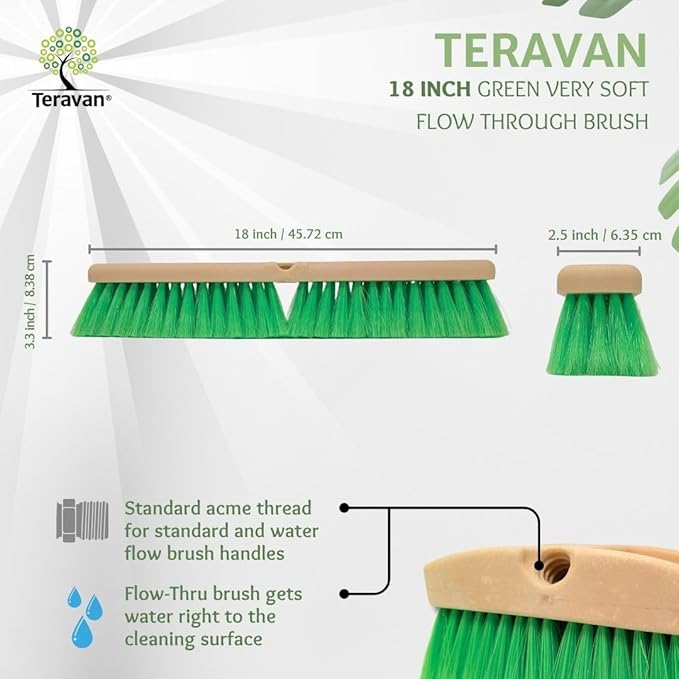 Teravan Green Flow Through Brush Head, 18-Inch Extra Soft Bristle Brush for Gentle Car Wash, RV, Boat, Window & Floor Cleaning, Compatible with Pole Handle