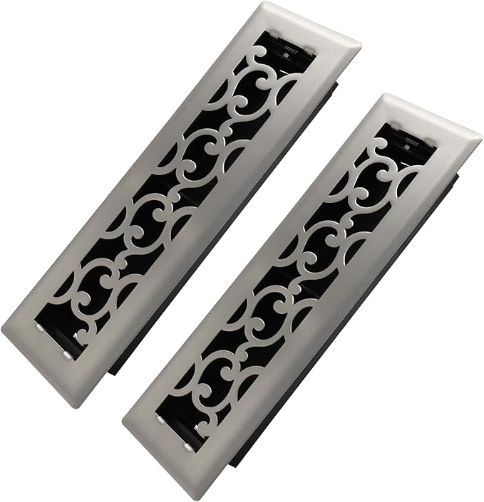2x10 Inches 2 Pack Heavy Duty Walkable Floor Register - Easy Adjust Air Supply Lever Decorative Floor Vent Covers - Savannah Design Vent Covers for Home - Satin Nickel