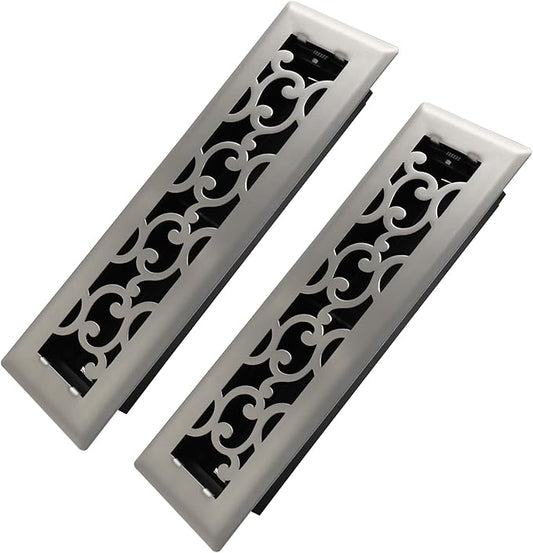 2x10 Inches 2 Pack Heavy Duty Walkable Floor Register - Easy Adjust Air Supply Lever Decorative Floor Vent Covers - Savannah Design Vent Covers for Home - Satin Nickel