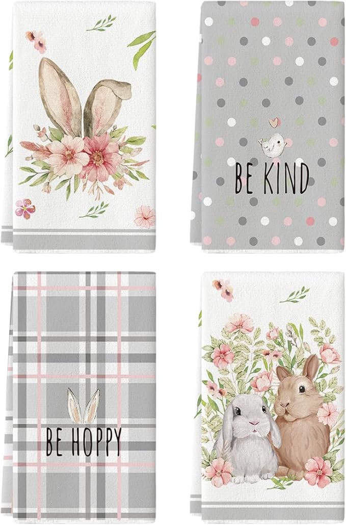 Artoid Mode Grey Bunny Rabbit Ears Floral Leaves Easter Kitchen Towels Dish Towels, 18x26 Inch Be Kind Seasonal Decoration Hand Towels Set of 4