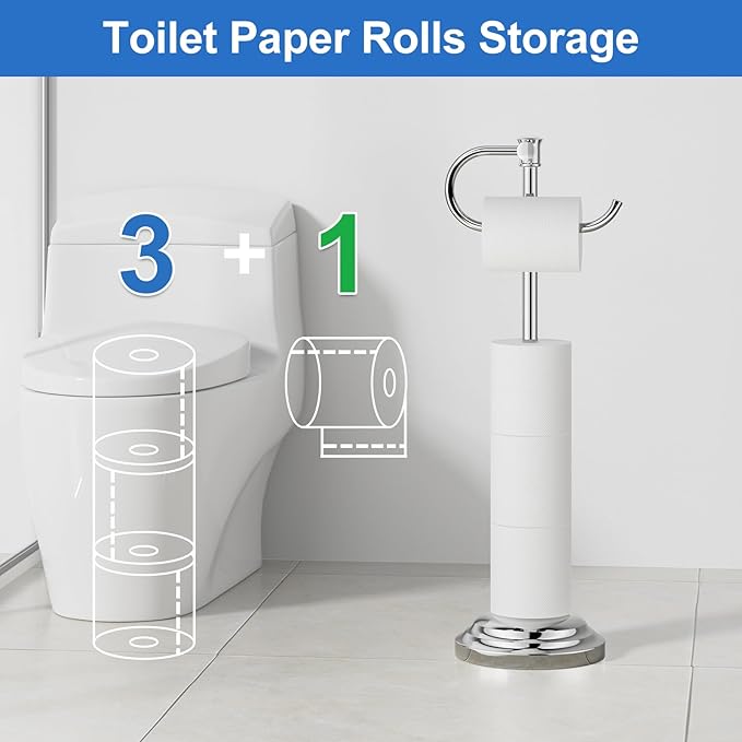 RUMOSE Toilet Paper Holder Stand for Floor, Polished Chrome Bathroom Free Standing Toilet Tissue Roll Holder with Storage, Adjustable 17-25 Inch, SUS304 Stainless Steel