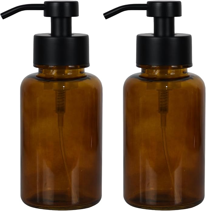 15 oz Amber Glass Foam soap Dispenser with Black Rust-Proof Foam Pump, refillable Thick Glass Foam soap Dispenser for Kitchen and Bathroom (2, 15 oz)