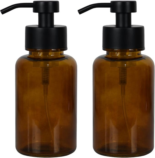 15 oz Amber Glass Foam soap Dispenser with Black Rust-Proof Foam Pump, refillable Thick Glass Foam soap Dispenser for Kitchen and Bathroom (2, 15 oz)