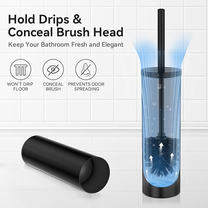 DOWRY Toilet Brush and Holder for Bathroom Storage Organization Deep Cleaning Covered Brush Cleaner Black Toilet Brush with 2 Brush Holders