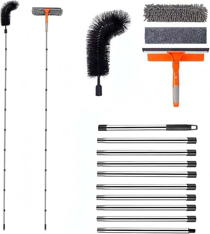 12.5 FT Window Cleaning Kit with 10-Section Extension Pole, Silicone Squeegee, Window Washer & Gutter Cleaning Brush for High Windows, Glass, Cars & Gutters