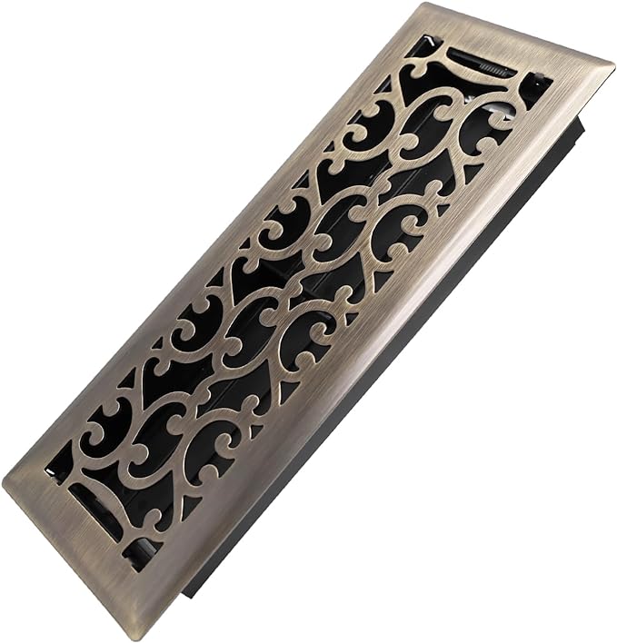 4x12 Inches Heavy Duty Walkable Floor Register - Easy Adjust Air Supply Lever Decorative Floor Vent Covers - Savannah Design Vent Covers for Home - Antique Brass