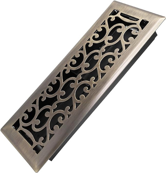 4x12 Inches Heavy Duty Walkable Floor Register - Easy Adjust Air Supply Lever Decorative Floor Vent Covers - Savannah Design Vent Covers for Home - Antique Brass
