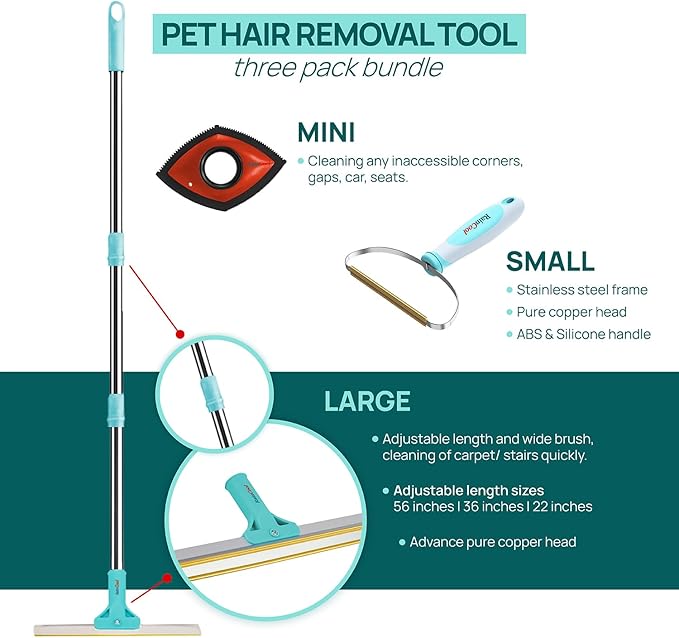 RainCool 3 in 1 Carpet Rake, Pet Hair Removal Tool Multifunctional Cats and Dog Cleaning Manual Carpet Broom Adjustable Long Handle, Small and Mini Lint Brush for Couches, Floors, Mats, Rugs, Cars