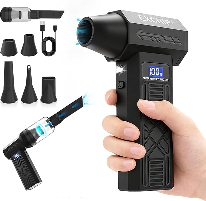 2-in-1 Compressed Air Duster & Vacuum – 150000RPM Electric Air Duster Rechargeable with Color Display, LED Light, 4-Speed Adjustable Mini Air Blower Cordless Duster for Keyboard, Printers, Car