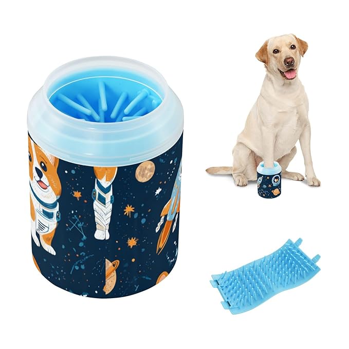 Dog Paw Cleaner Cups for Dogs Pet Foot Washer Paw Scrubber for Medium Small Dogs Cats Cleaning Cup Navy Blue Space Cute Corgi Dogs