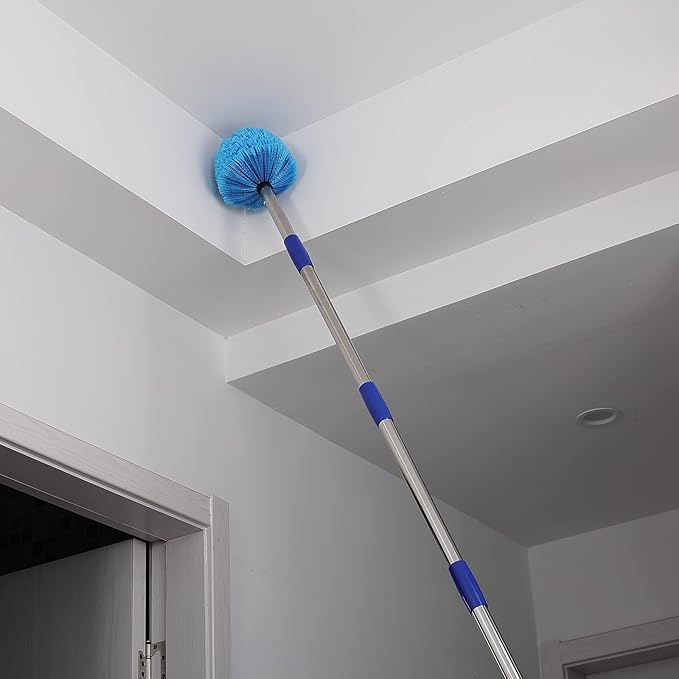 Cobweb Duster with Extension Pole, 8 FT Long Duster for High Ceilings, Walls, Medium Stiff Bristles Cobweb Brush with Lightweight Stainless Steel Pole for Outdoor Indoor Cleaning