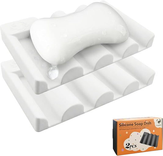 Silicone Soap Dish,Self Draining Soap Holder Perfect for Shower,Bathroom Sink,Kitchen Sink & Travel,Non-Slip Bar Soap Holder Extend Soap Life,Keep Soap Bars Dry & Easy Cleaning White-2Pcs