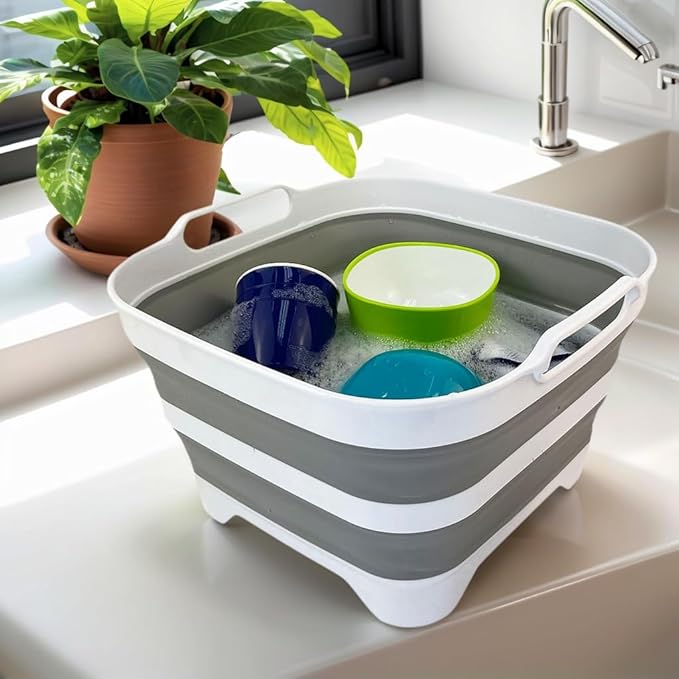 SAMMART 10L (2.64 Gallon) Collapsible Dishpan with Draining Plug - Foldable Washing Basin - Portable Dish Washing Tub - Space Saving Kitchen Storage Tray (Grey + Aqua Blue (Set of 2))