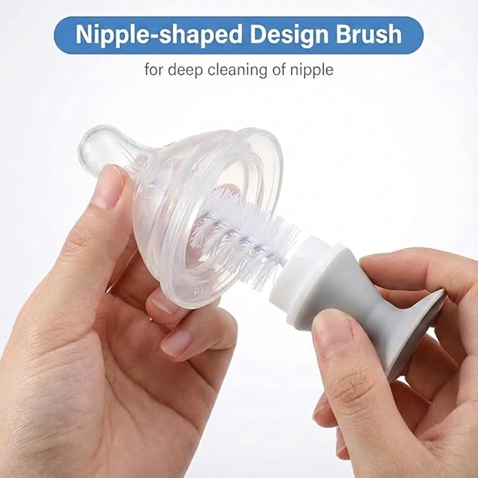 5-in-1 Baby Bottle Cleaner Set, Including Nylon & Silicone Bottle Brush, Cap, Straw & Nipple Brushes, BPA-Free (Grey)