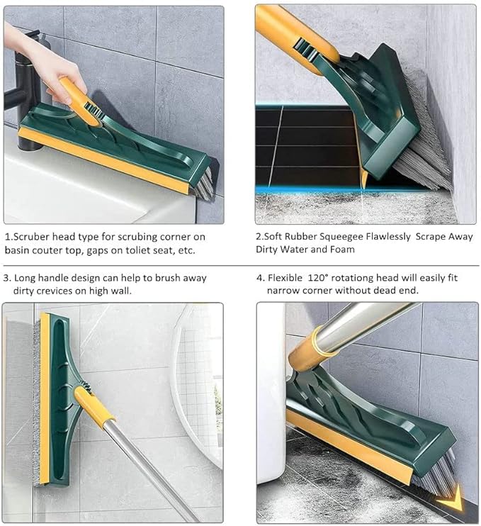 2 in 1 Cleaning Scrub Brush Grout Brush Scrape Floor Scrub Brush with Long Handle V-Shape Stiff Bristle Brush Scrubber with Squeegee 120°Rotating Shower Scruber for Cleaning Bathroom Glass Wall