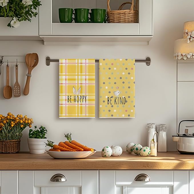 Artoid Mode Yellow Stripe Polka dots Rabbit Bunny Easter Kitchen Towels Dish Towels, 18x26 Inch Seasonal Spring Decoration Cleaning Set of 4