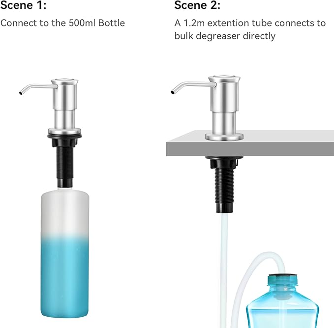 Built-in Soap Dispenser for Kitchen Sink, Soap Dispenser Pump Set with 17oz Bottle and 47.2-inch Extension Tube Kit for Dish Detergent - Stainless Steel, Brushed Nickel