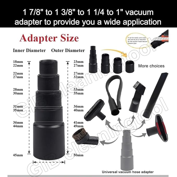9 Pcs Universal Vacuum Attachments for Shop Vac Accessories with 2 1/2" to 1 1/4" & 1 7/8" to 1" Adapter for Shop Vac, 1 1/4" Brush Attachment Flexible Crevice Tool for Home and Car Interiors Cleaning