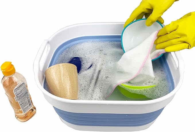 SAMMART 10L (2.64 Gallon) Collapsible Dishpan - Foldable Washing Basin - Portable Dish Washing Tub - Space Saving Kitchen Storage Tray (Charcoal Black + Baby Blue)