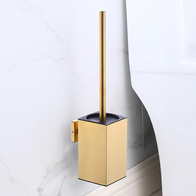 Toilet Bowl Brush and Holder Square,Stainless Steel Square Wall Mounted Toilet Bowl Brush with Lid,Cleaning Toilet Brush Set for Bathroom Brushed Gold