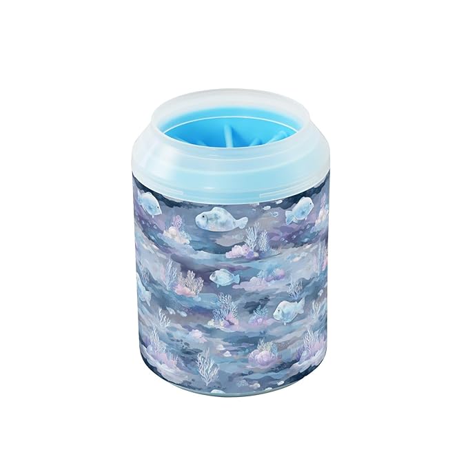 Dog Paw Cleaner Cups for Dogs Pets Foot Washer Paw Scrubber for Medium Small Cats Dogs Cute Cleaning Cup Darkblue Fish Coral Seaweed