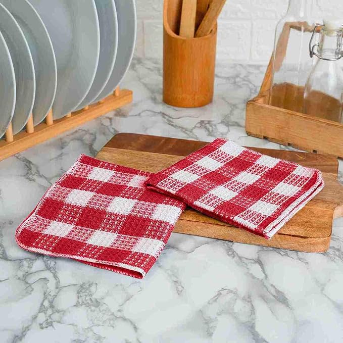 Blue Needles Waffle Weave Check Plaid Dish Cloths, 12x12 Inches 100% Cotton Set of 8 Dish Towels for Kitchen, Ultra Soft & Absorbent Kitchen Towels for Quick Drying Spring Summer - Burgundy & White