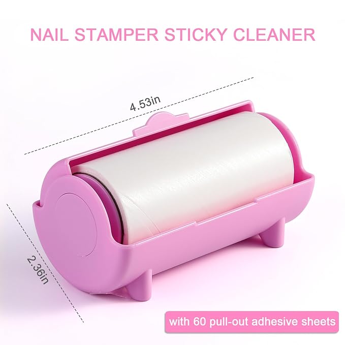 Nail Stamper Sticky Cleaner Roll with Case, Adhesive Paper Stickers for Stamping Gel Polish Removal, Lint Roll Cleaning Sheets, Nail Stamper Accessories Manicure Salon Supplies (Pink)
