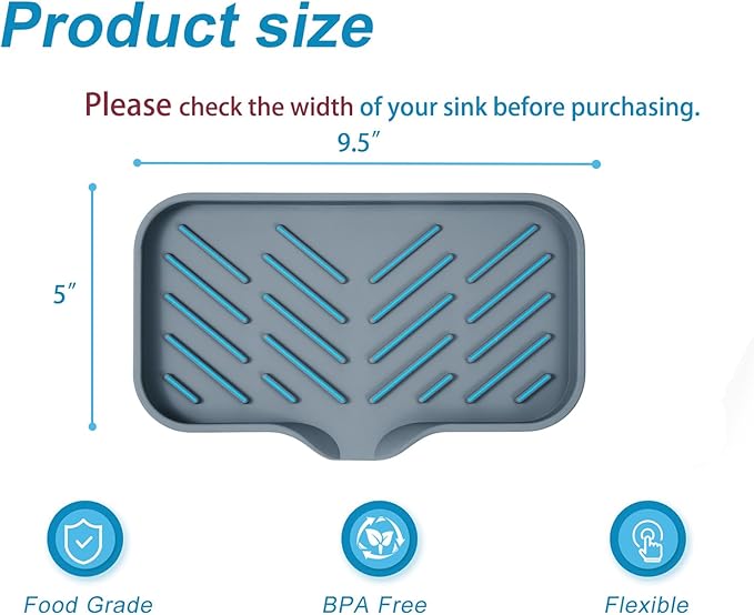 SUBEKYU Silicone Kitchen Soap Tray, Sink Tray for Kitchen Counter/Soap Bottles, Sponge Holder and Organizer with Drain Spout, Dark Grey, [Size: 9.5 x 5 inch]