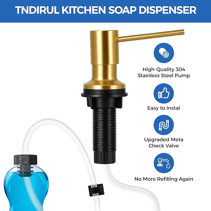 Brushed Gold Soap Dispenser for Kitchen Sink, Built in Soap Dispensers, Stainless Steel Sink Soap Dispenser or Lotion Dispenser Pump with 47" Extension Tube Kit, Upgraded Metal Check Valve