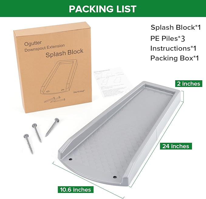 Splash Blocks for Gutters Downspouts, 24" Downspout Extensions for Rain Water Drainage, Thickened Gutter Splash Guard with Fixing Piles(1 Pack, Gray)