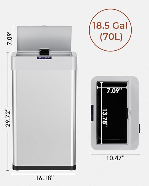 TLSUNNY 18.5 Gallon Motion Sensor Trash Can,Touchless Automatic Garbage Can,Brushed Stainless Steel Smart Bin,with Bag Holder,Soft Close Lid,for Kitchen,Office,RV,Bedroom,Living Room (Silver, 70L)