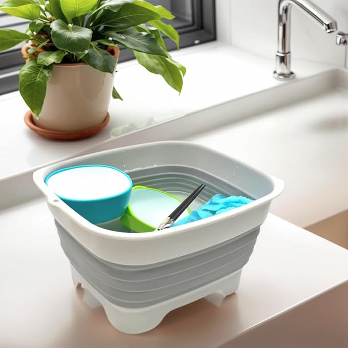 SAMMART 9.1L (2.4Gallon) Collapsible Dishpan with Draining Plug - Foldable Indoor Outdoor Washing Basin - Portable Dish Washing Tub - Space Saving Kitchen Storage Tray (1, Grey)