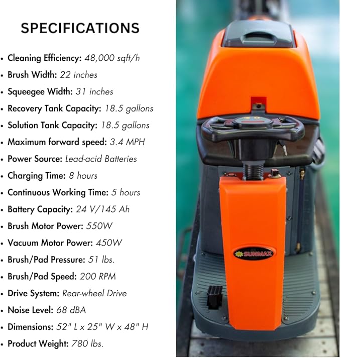 Ride-On Commercial and Industrial Floor Scrubber Machine, 22" Brush, 31" Squeegee, 18.5 gal Tanks, 5 Hour Continuous Working Time, 200 RPM, 48,000 Sqft/H, Batteries Included