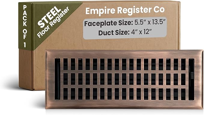 Empire Register Co, Vent Cover - 4x12 inch, Modern Contemporary Design, Antique Copper Finish, Heavy Duty Floor Vent Covers, Metal Damper Attached Vent Covers for Home Floor only