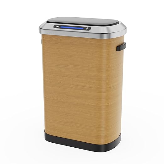 pouseayar Wood Color 13 Gallon 50L Smart Automatic Trash Cans, Stainless-Steel Thickened Body with Super Mute Sensor Lid and 30 Count Garbage Bags for Kitchen Office Bedroom Waste Bin and More